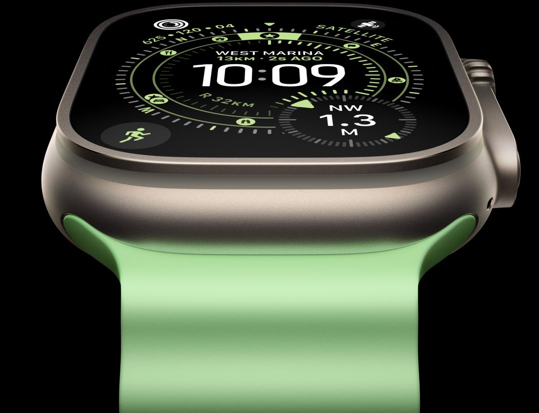 Apple Watch Ultra 3, titanium case, natural colour, compass on Orienteering watch face, Ocean Band, neon green colour