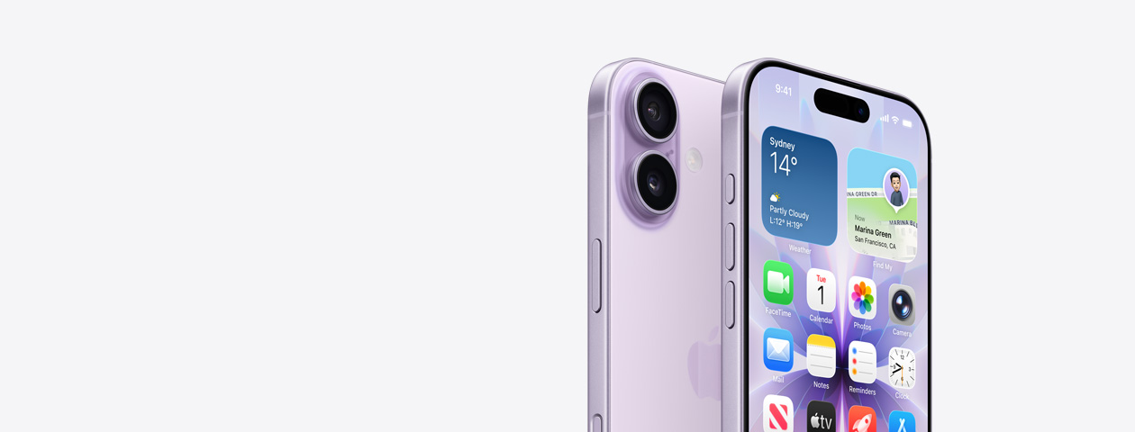 iPhone 17 in Lavender finish, front exterior with partial home screen displayed, side angle shows — Action and volume buttons. Back exterior shows Dual Fusion Camera System in top left corner, camera control button