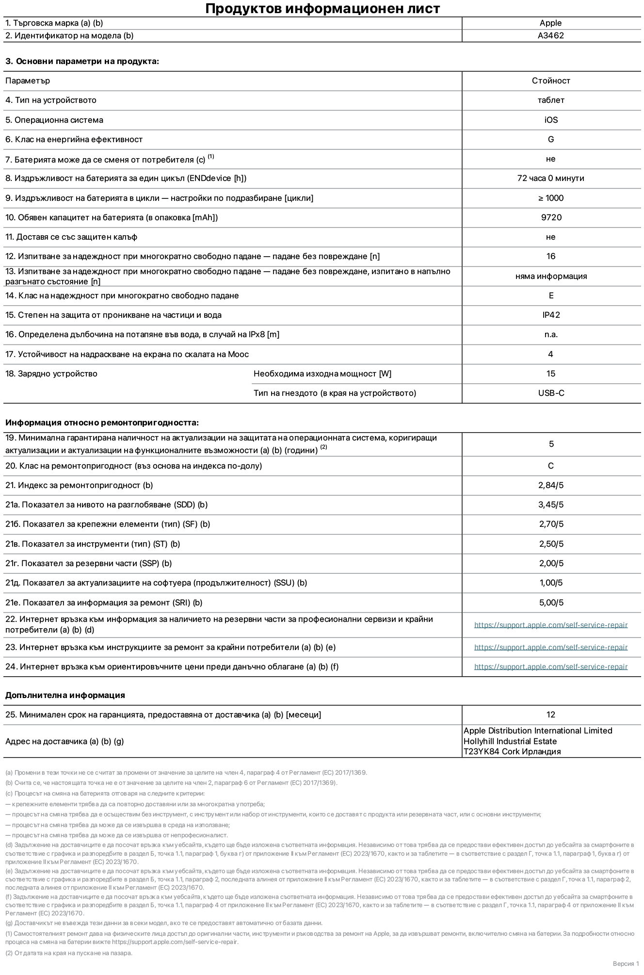 Продуктов информационен лист за 13-инчов iPad Air Wi-Fi + Cellular, модел A3462. Доставено от Apple Distribution International Limited, Hollyhill Industrial Estate. Корк, Ирландия, T23 YK84. Тип устройство: таблет. Операционна система: iOS. Клас на енергийна ефективност: G. Батерията може да се сменя от потребителя: не. Издръжливост на батерията за един цикъл: 72 часа. Издръжливост на батерията в цикли – настройки по подразбиране: по-голямо или равно на 1000. Обявен капацитет на батерията: A3462 mAh. Доставя се със защитен калъф: не. Тест за надеждност при многократно свободно падане – падане без повреждане: по-голямо или равно на 51. Изпитване за надеждност при многократно свободно падане – падане без повреждане, тествано в напълно разгънато състояние: не е приложимо. Клас на надеждност при многократно свободно падане: Е. Степен на защита от проникване на частици и вода: IP42. Посочена дълбочина на потапяне във вода, в случай на iPx8: не е приложимо. Устойчивост на надраскване на екрана по скалата на твърдост на Моос: 4. Необходима изходна мощност на зарядното устройство: 15 вата. Тип на гнездото за зарядно устройство (от страната на устройството): USB-C. Минимална гарантирана наличност на актуализации за сигурност на операционната система, коригиращи актуализации и актуализации на функционалността: 5 години. Клас на ремонтопригодност: C. Индекс на ремонтопригодност: 2,84/5. Показател за нивото на разглобяване (SDD): 3,45/5. Показател за крепежните елементи: 2,70/5. Показател за инструменти: 2,50/5. Показател за резервни части: 2,00/5. Показател за актуализации на софтуера: 1,00/5. Показател за информация за ремонт: 5,00/5. Уебвръзка към информация за наличността на резервни части за професионални сервизи и крайни потребители: https://support.apple.com/self-service-repair. Уебвръзка към инструкции за ремонт за крайни потребители: https://support.apple.com/self-service-repair. Уебвръзка към ориентировъчни цени преди данъци: https://support.apple.com/self-service-repair. Предлага се 12-месечна обща гаранция.