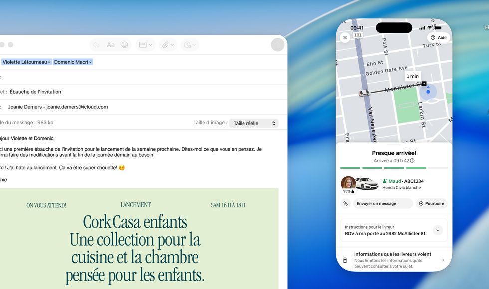 Écran d’un MacBook, app Mail ouverte, écran d’un iPhone recopié sur l’écran du MacBook annonçant l’arrivée d’une commande Uber Eats