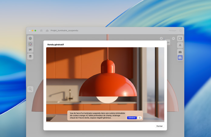 Écran d’Image Playground montrant l’image d’une lampe suspendue et le texte du générateur d’image par IA