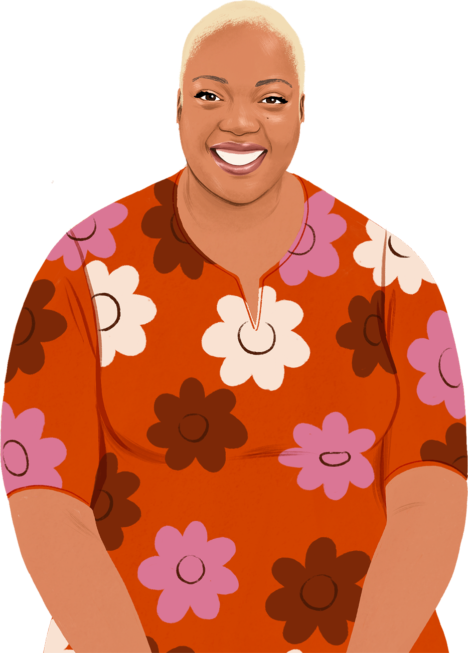 Retrato ilustrado da Nafisah a sorrir e a olhar para o leitor; surge um iPad ilustrado, que mostra uma imagem de um símbolo de coração.