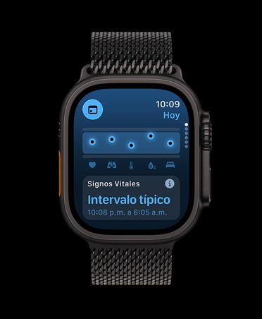 Apple Watch Ultra 3, color negro, caja de titanio, app Signos Vitales, gráfica con puntuación de salud, notificación de valores anómalos de signos vitales nocturnos, correa estilo milanés negra