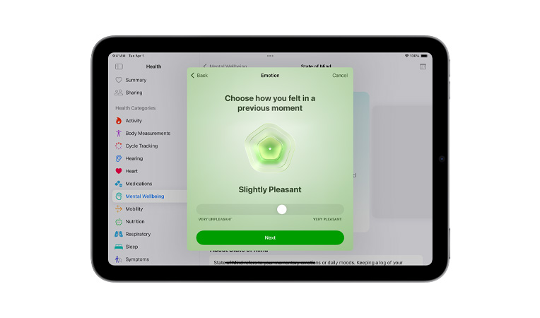 Pohled zepředu na iPad mini v orientaci na šířku, zobrazuje se aplikace Zdraví a posuvník nastavující aktuální stav mysli