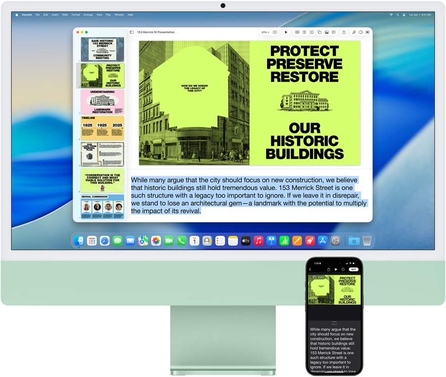 iMac a iPhone 16 Plus, aplikace Keynote otevřená na iMacu, snímek a poznámky přednášejícího zobrazené na iPhonu