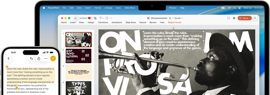 iPhone 16 Plus, millel on tekst Notes rakenduses esile tõstetud, MacBook Air avatud Keynote slaidiga, millel on nähtav rakenduse Notes tekst