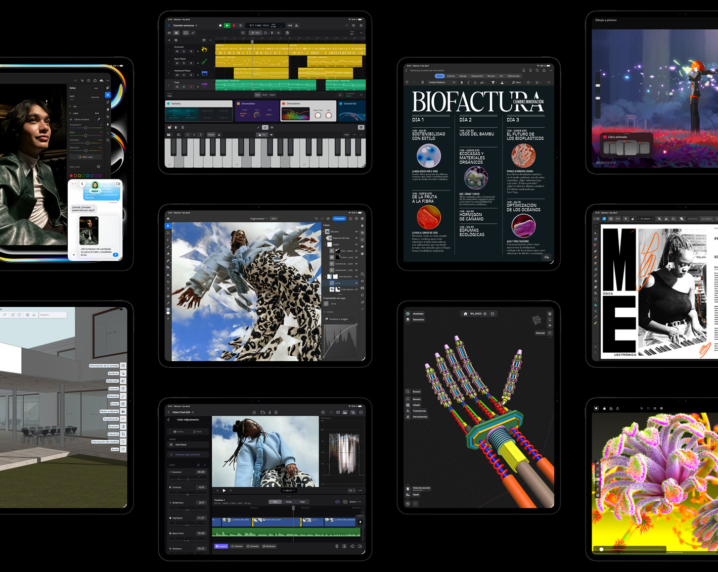 Varias pantallas de iPad Pro que muestran apps de iPadOS con proyectos creativos abiertos, como Logic Pro, Adobe Lightroom, Adobe Photoshop, Final Cut Pro, Trimble SketchUp, Microsoft Word, Procreate Dreams, Affinity Designer 2, Shapr3D y Octane X