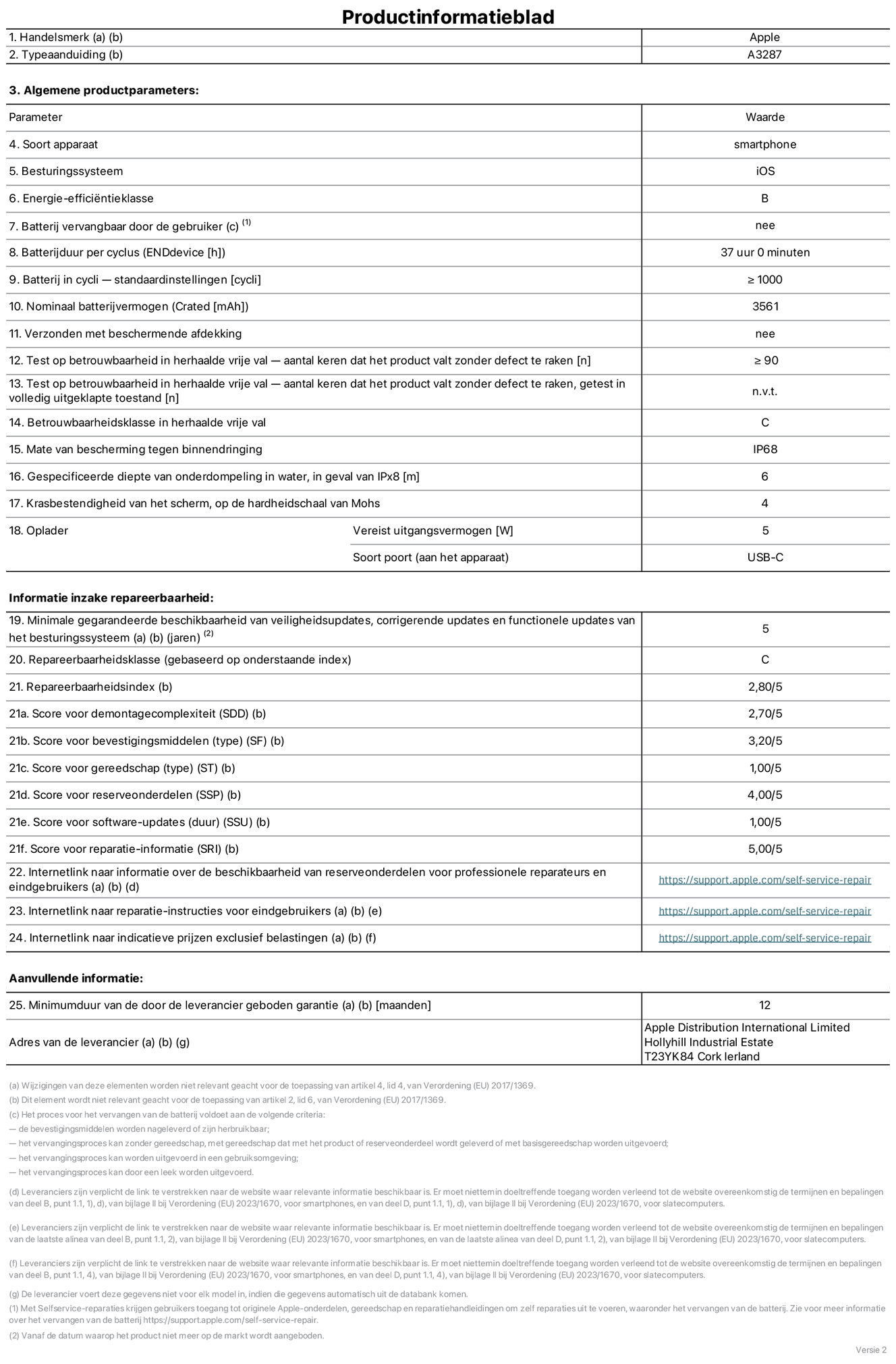 Productinformatieblad voor iPhone 16, model A3287. Verstrekt door Apple Distribution International Limited, Hollyhill Industrial Estate. Cork, Ierland T23 YK84. Type device: smartphone. Besturingssysteem: iOS. Energie-efficiëntieklasse: B. Batterij door de gebruiker te vervangen: nee. Batterijduur per cyclus: 37 uur. Batterijduur in cycli, standaardinstellingen: ≥ 1000. Nominale batterijcapaciteit: 3561 mAh. Geleverd met beschermhoes: nee. Herhaalde betrouwbaarheidstest voor vrije val, valt zonder defect: ≥ 90. Herhaalde betrouwbaarheidstest voor vrije val, valpartijen zonder defect getest in volledig verlengde staat: niet van toepassing. Herhaalde vrije val in betrouwbaarheidsklasse: C. Beschermingsklasse: IP68. Gespecificeerde dompeldiepte van water, in het geval van iPx8: 6. Krasbestendigheid van het scherm op de hardheidsschaal van Mohs: 4. Uitgangsvermogen vereist voor oplader: 5W. Type opladeraansluiting (aan het uiteinde van het apparaat): USB-C. Minimale gegarandeerde beschikbaarheid van beveiligingsupdates van het besturingssysteem, corrigerende updates en functionaliteitsupdates: 5 jaar. Herstelbaarheidsklasse: C. Herstelbaarheidsindex: 2,80/5. Score demontagediepte (SDD): 2,70/5. Score sluitingen: 3,20/5. Gereedschapsscore: 1,00/5. Reservedeelscore: 4,00/5. Score software-updates: 1,00/5. Score reparatiegegevens: 5,00/5. Weblink naar informatie over de beschikbaarheid van reserveonderdelen voor professionele reparaties en eindgebruikers: https://support.apple.com/self-service-repair. Weblink voor reparatie-instructies voor eindgebruikers: https://support.apple.com/self-service-repair. Weblink naar indicatieve prijzen vóór belasting: https://support.apple.com/self-service-repair. Inclusief 12 maanden algemene garantie.