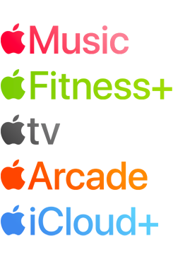 Logótipos de serviços de assinatura da Apple, incluindo Apple Music, Fitness+, Apple TV+, Apple Arcade, iCloud+