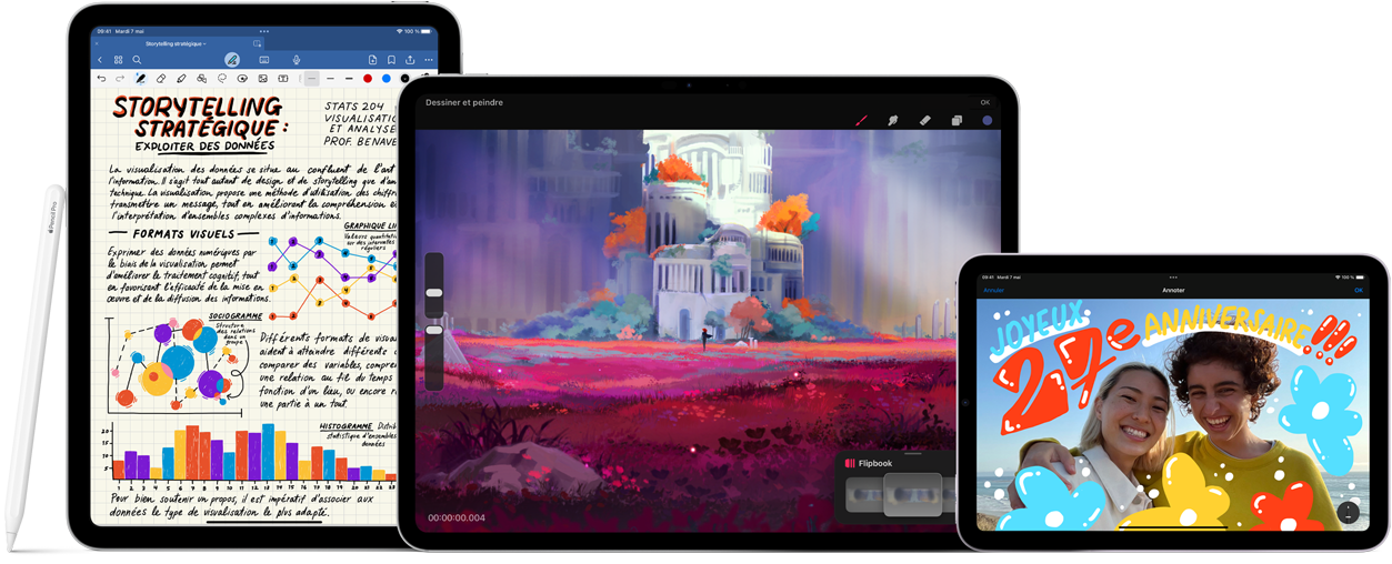 Image d’un Apple Pencil Pro et d’un Apple Pencil USB-C à côté de plusieurs iPad affichant des exemples de notes manuscrites et d’illustrations colorées créées avec l’Apple Pencil.