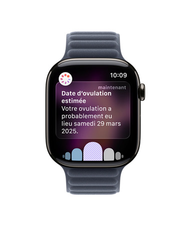 Apple Watch Series 11, couleur naturel, boîtier en titane, notification de date d’estimation d’ovulation provenant de Suivi de cycle dans l’app Santé, Digital Crown, Bracelet à maillons magnétique, couleur marine