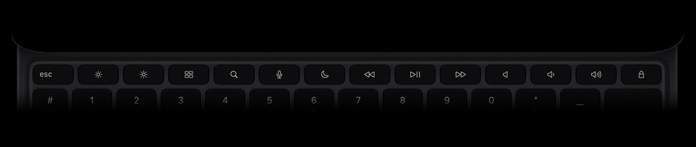 Magic Keyboard, vu du dessus, mode paysage, couleur noire, rangée de 14 touches de fonction