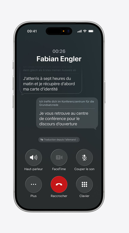 iPhone affichant la fonctionnalité Traduction en direct traduisant un message de l’allemand vers l’anglais