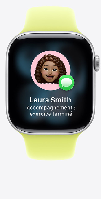 Apple Watch Series 11, boîtier en aluminium, argent, suggestion Accompagnement dans iMessage, Bracelet Sport, jaune fluo