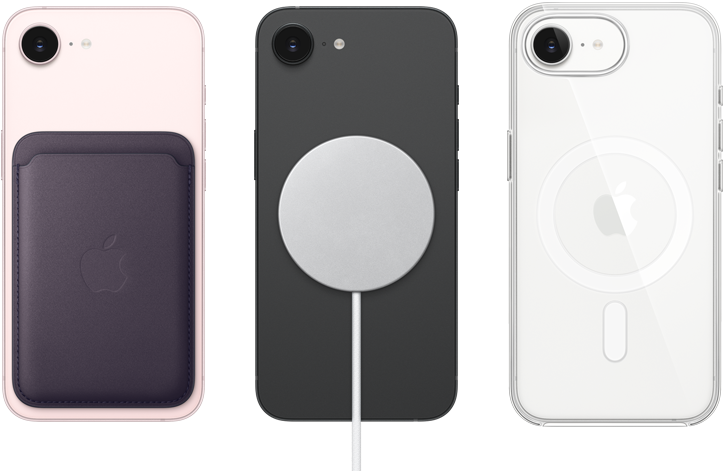 iPhone 17e, πίσω όψη, απαλό ροζ χρώμα, Πορτοφόλι με ύφασμα FineWoven με MagSafe, iPhone 17e, πίσω όψη, μαύρο χρώμα, με φορτιστή MagSafe, iPhone 17e, πίσω όψη, λευκό χρώμα, Διάφανη θήκη με MagSafe