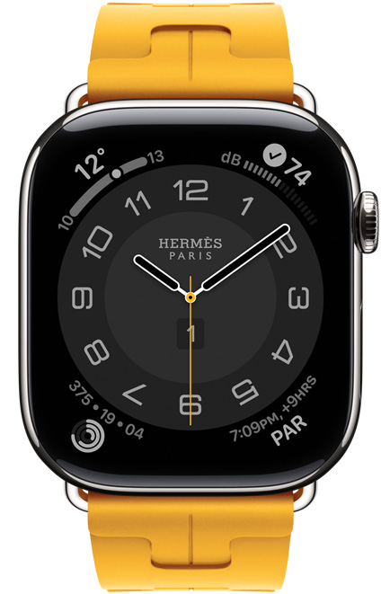 Apple Watch Hermès Series 11, Circulaire analog watch face (hour, minute, second hands, complications: Weather, activity rings, Paris time, Noise), titanium case, silver color, right side exterior, Digital Crown, paired with Kilim Single Tour band, jaune color (canary yellow), fluoroelastomer rubber material