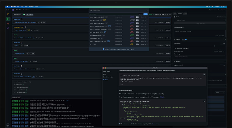 Mac Studio M3 Ultra yang sedang menggunakan LM Studio dan Apple MLX untuk meninjau model pembelajaran