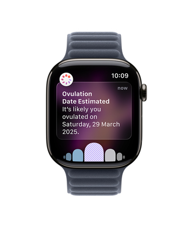 Apple Watch Series 11, slate colour, titanium case, ovulation date estimation notification from Cycle Tracking in Health app, Digital Crown, strap, Magnetic Link, navy colour