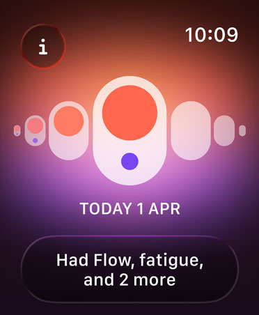 Cycle Tracking in Health app, orange and purple dots highlight different menstruation symptoms
