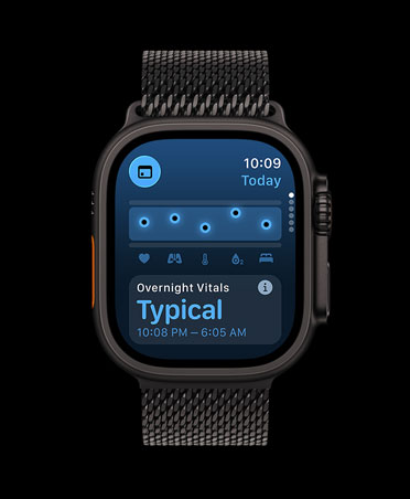Apple Watch Ultra 3, black colour, titanium case, Vitals app, chart scoring health, Overnight Vitals outliers notification, strap, black Milanese Loop