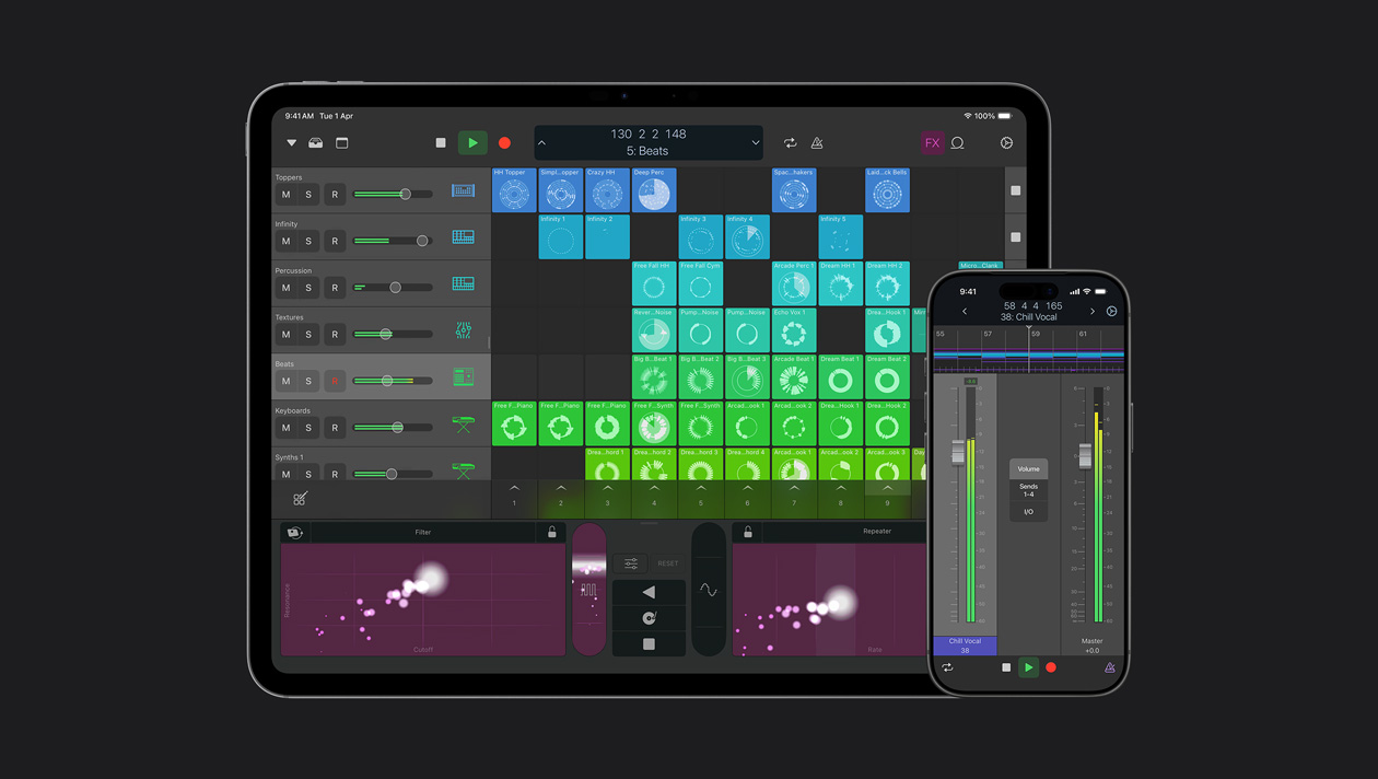 iPad and iPhone devices side by side, iPad screens showing Logic Pro workspace with software instruments, iPhone screen showing vocal and master controls