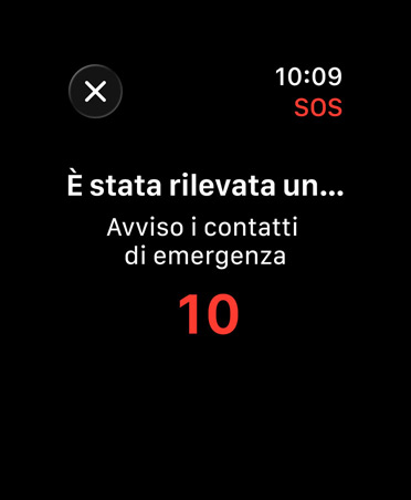 Notifica della funzione Rilevamento cadute, messaggio di avviso dei contatti di emergenza