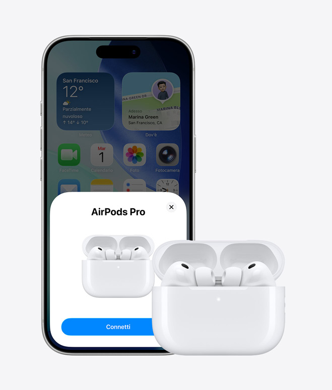 Un iPhone 17 Pro mostrato di fronte, sulla schermata Home appare un messaggio per collegare gli AirPods, e accanto gli AirPods nella custodia aperta