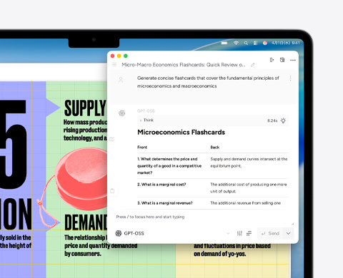 MacBook Airの画面。Apple Intelligenceの作文ツールを使って、ミクロ経済学とマクロ経済学に関するフラッシュカードを作成している