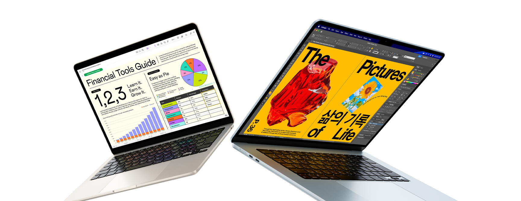 13インチと15インチMacBook Airノートブック。片方の画面にはNumbersでの作業、もう片方の画面にはデザイン作業が表示されている