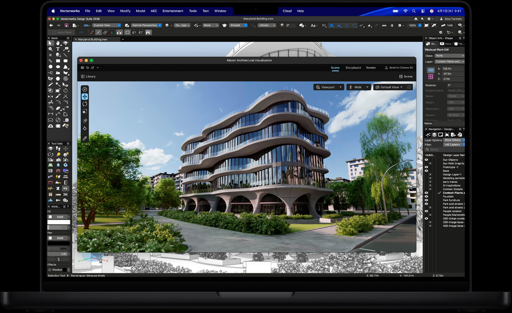 MacBook Proの画面にVectorworks Design SuiteでMaxon Redshiftを使用する様子が表示されている