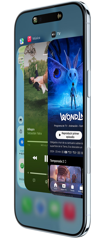 iPhone Air, parte frontal, parte lateral, se muestra el Selector de Apps en uso con las apps Mapas, Música y Apple TV