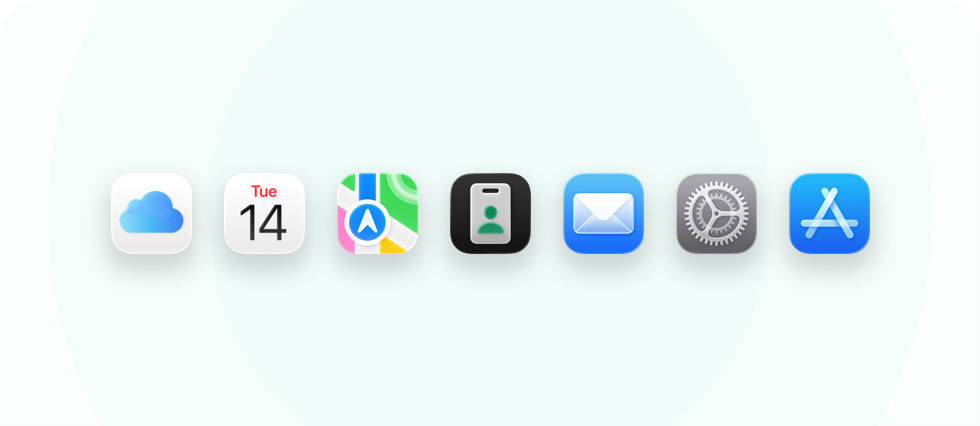 A lineup of business-related apps and tools including iCloud, Calendar, Maps, Apple Business, Mail, Apple Care, and App Store