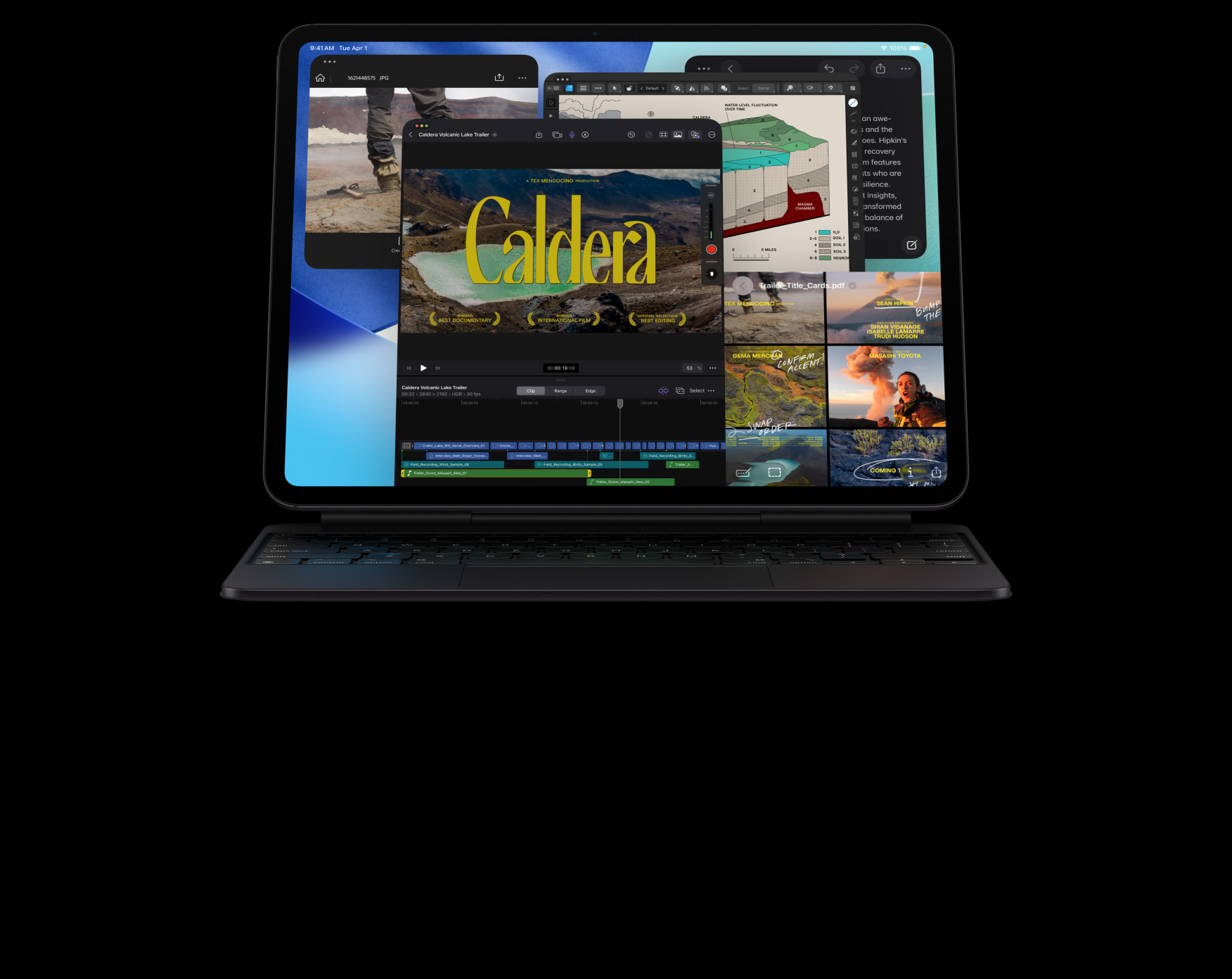 iPad Pro, front exterior, landscape orientation, space black color, attached to Magic Keyboard, space black, display with multiple app windows: Final Cut Pro with multiple video editing features and timeline, Maps, Notes, media clips