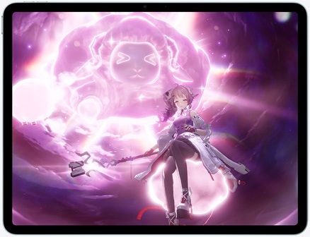 Skats no priekšas uz iPad Air, tā ekrānā redzama aina no asa sižeta videospēles Control