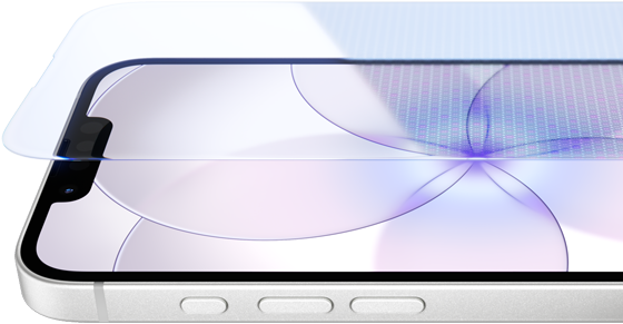 Skats no priekšas uz iPhone 17e ar Ceramic Shield 2, sānskats, baltā krāsā, pogas: Action, skaļuma