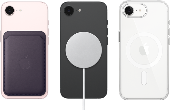 iPhone 17e, aizmugures skats, maigi rozā krāsā, ar FineWoven auduma maku, kam piestiprināts MagSafe, iPhone 17e, aizmugures skats, melnā krāsā, ar piestiprinātu MagSafe lādētāju, iPhone 17e, aizmugures skats, baltā krāsā, ar caurspīdīgu MagSafe ietvaru