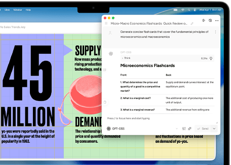 MacBook Air ekrāns, kurā Apple Intelligence Writing Tools funkcija veido kartītes par mikro un makroekonomiku