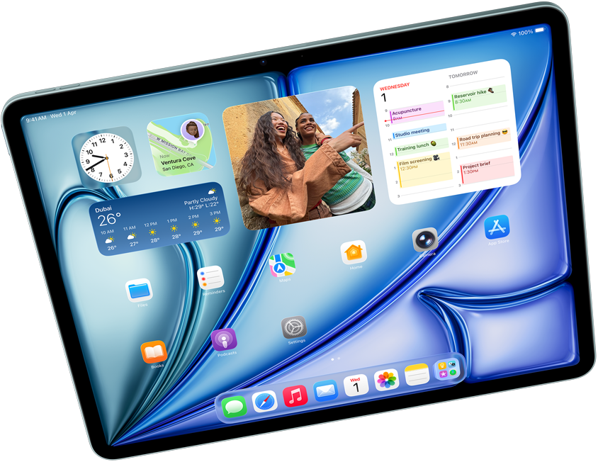 Landscape view of iPad Air showcasing Apple Intelligence with Image Playground, and Keynote, Apple Pencil Pro