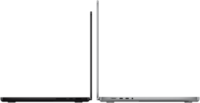 جهازا MacBook Pro مقاس 14 إنش و16 نش معروضان ظهراً لظهر لتوضيح الفرق في الحجم وإبراز نحافة التصميم