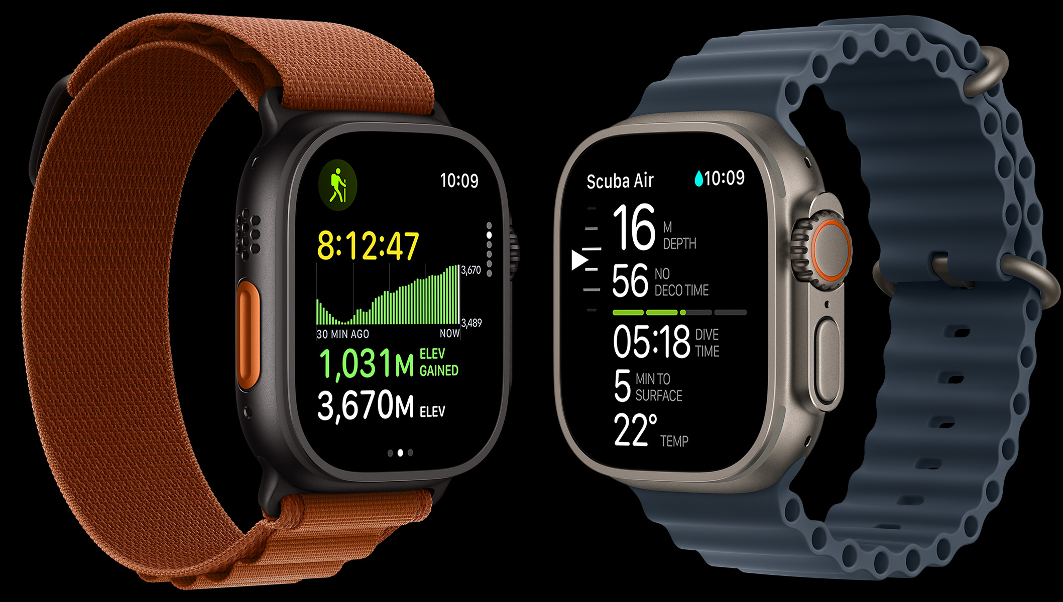 Apple Watch Ultra 3 devices, titanium cases, black and natural colours, trail map, diving metrics, bands, Alpine Loop, terra cotta colour, Ocean Band anchor blue colour