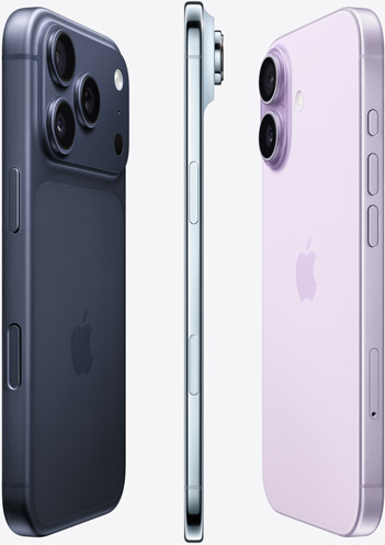 The camera side of iPhone 16e in White, iPhone 16 in Ultramarine and iPhone 16 Pro in Desert Titanium in layered pattern, and lock screen of a iPhone 16 Pro in Desert Titanium