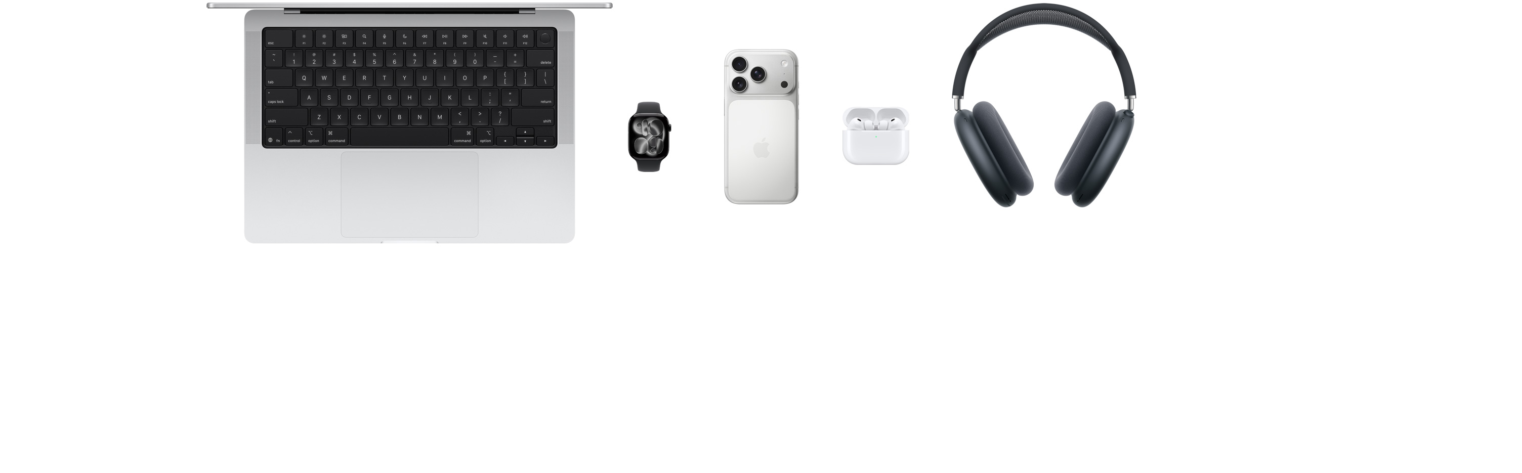 Various Apple products, including a MacBook, an Apple Watch Series 11, an iPhone 17 Pro, AirPods Pro 3 and AirPods Max