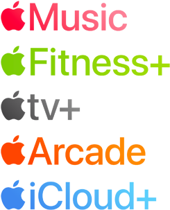 Apple subscription services logotypes including Apple Music, Fitness+, Apple TV+, Apple Arcade, iCloud+