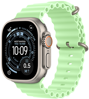 Apple Watch Ultra 3, natural colour, titanium case, Orienteering watch face, complications: weather, parked car location, satellite, and distance to surface, right side exterior, Digital Crown, microphone, side button, Ocean Band, neon green colour