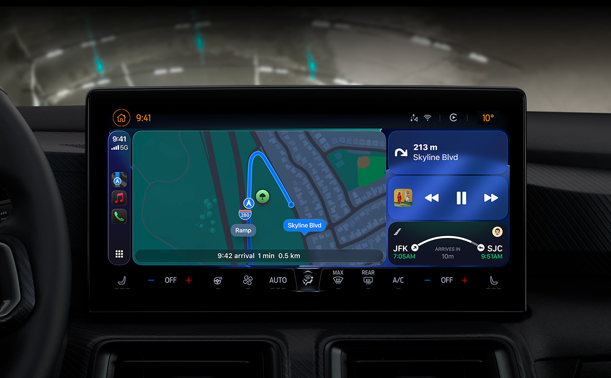 CarPlay in a car displaying directions on Maps, Apple Music, flight information and widgets