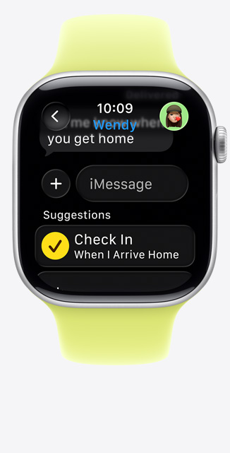 Apple Watch Series 11, aluminium case, silver colour, Check In suggestion in iMessage, Sport Band, neon yellow colour