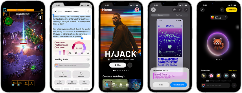 Pohľad na iPhony 17e vedľa seba, na obrazovkách je rozohraná hra, Nástroje na písanie, apka Apple TV, vytváranie udalosti v kalendári a vytváranie Genmoji