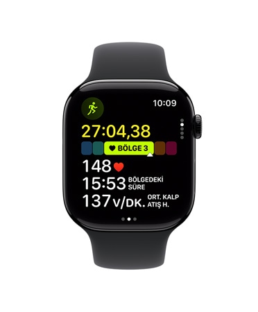 Siyah Spor Kordonlu Apple Watch Series 10’un önden görünümü, Kullanıcı Arayüzünde Antrenman, Koşu (Dış), Kalp Atış Hızı Bölgeleri görülüyor