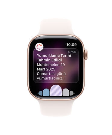 Beyaz Spor Kordonlu Apple Watch Series 10’un önden görünümü, Kullanıcı Arayüzünde Yumurtlama, Döngü Geçmişi yazıyor