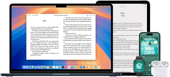 MacBook Pro and iPad Air display a page from the same ebook in the Books app. Apple Watch and iPhone 15 screens display a book cover from the same audiobook. An AirPod Pro case open to show both AirPod Pro earbuds.
